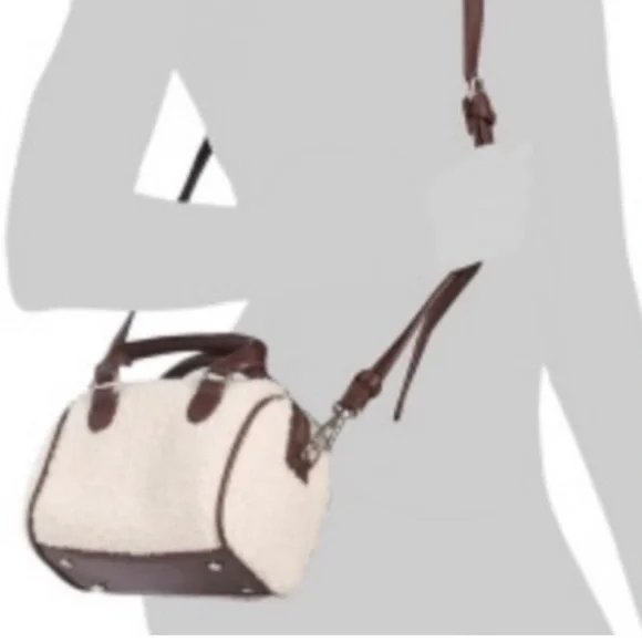 Aspen satchel bag cream Sherpa with brown faux leather trim with pouch NWT - Picture 2 of 12